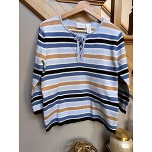 Liz Claiborne Women Striped Lace Up Knit Top Medium Blue Coastal Preppy Nautical
